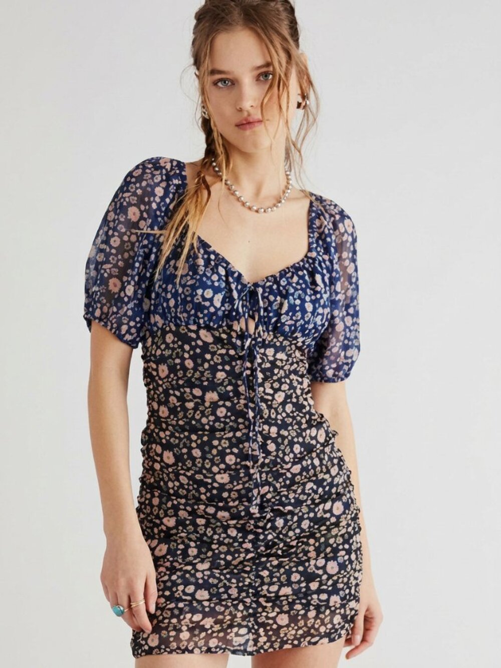 FREE PEOPLE Tessa blue floral gathered ruched mini dress size S